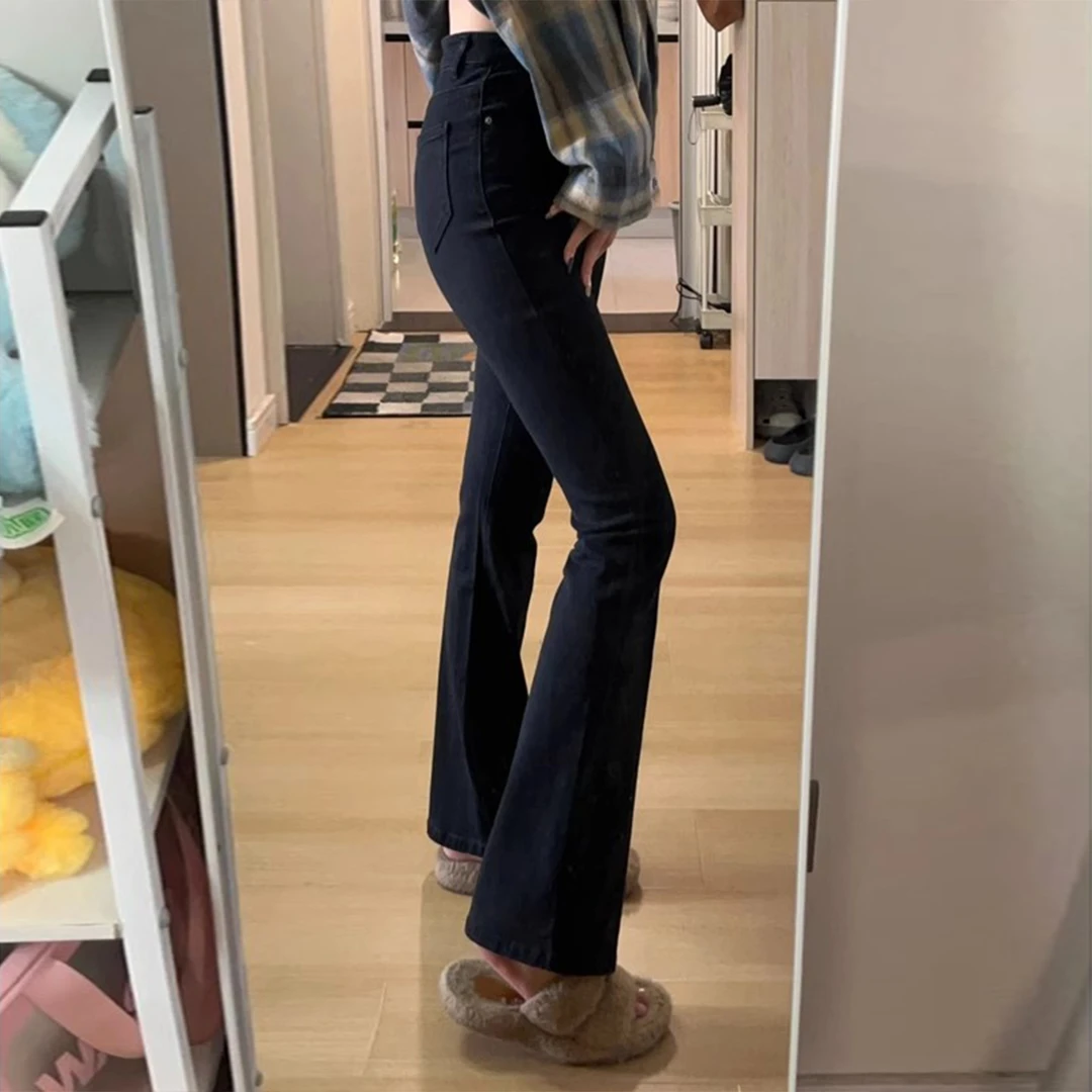 韩系简约高腰显瘦微喇牛仔裤女秋季小个子梨型身材遮胯百搭喇叭裤