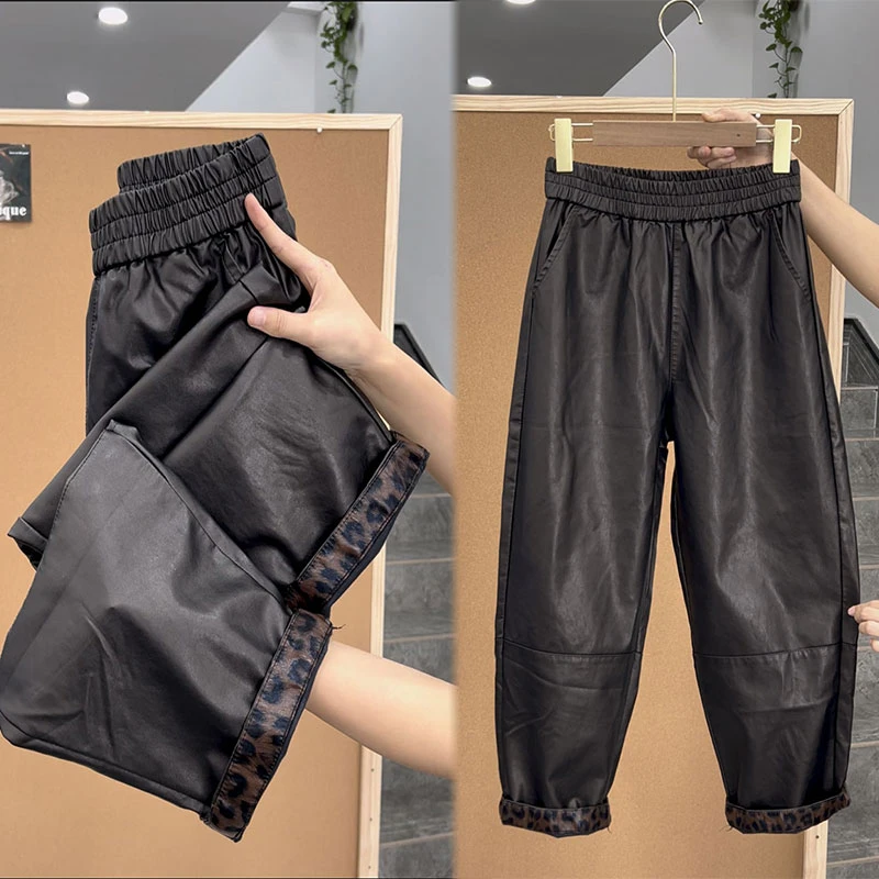 秋季蛋白水洗pu皮裤高腰宽松大码萝卜裤休闲裤女九分哈伦裤遮肚子