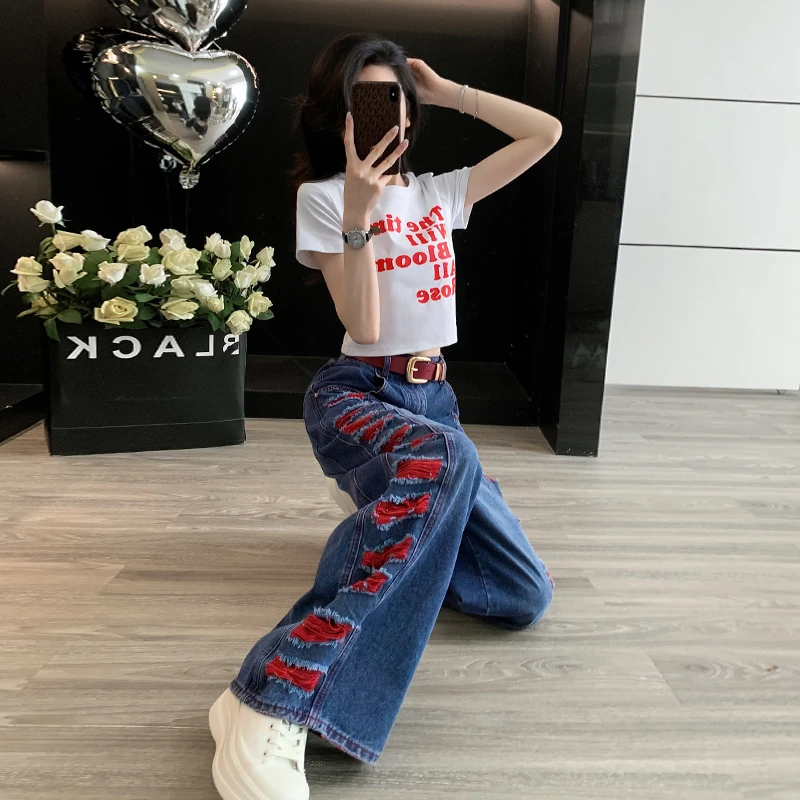 美式辣妹套装印花白色短袖T恤显瘦休闲破洞牛仔裤女夏装潮两件套