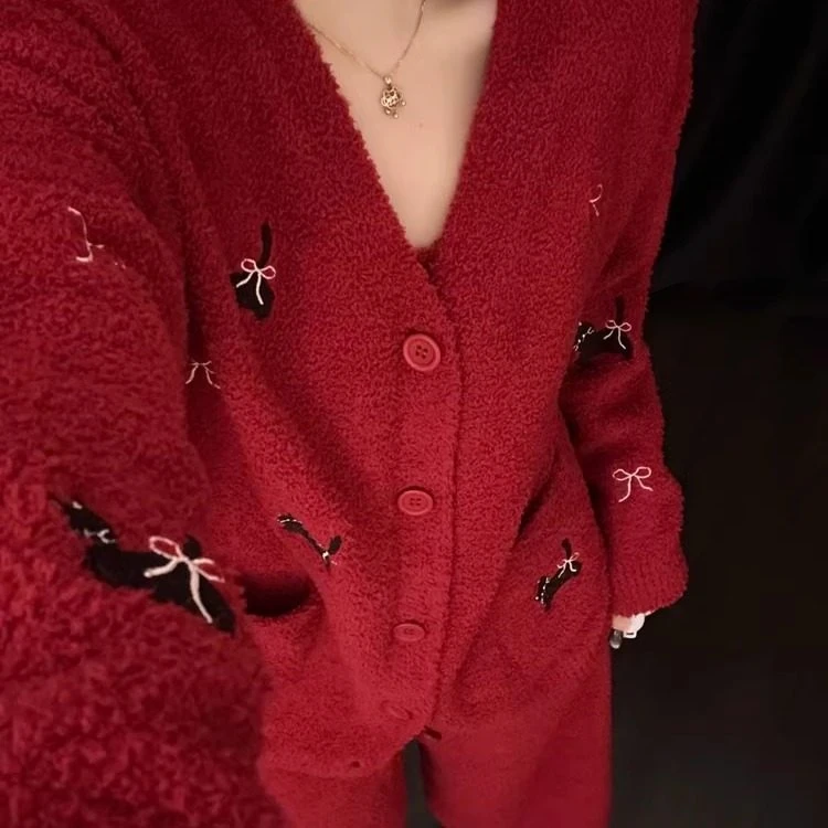 睡衣女冬季加厚红色本命年结婚超柔软半边人保暖可爱穿居家服套装
