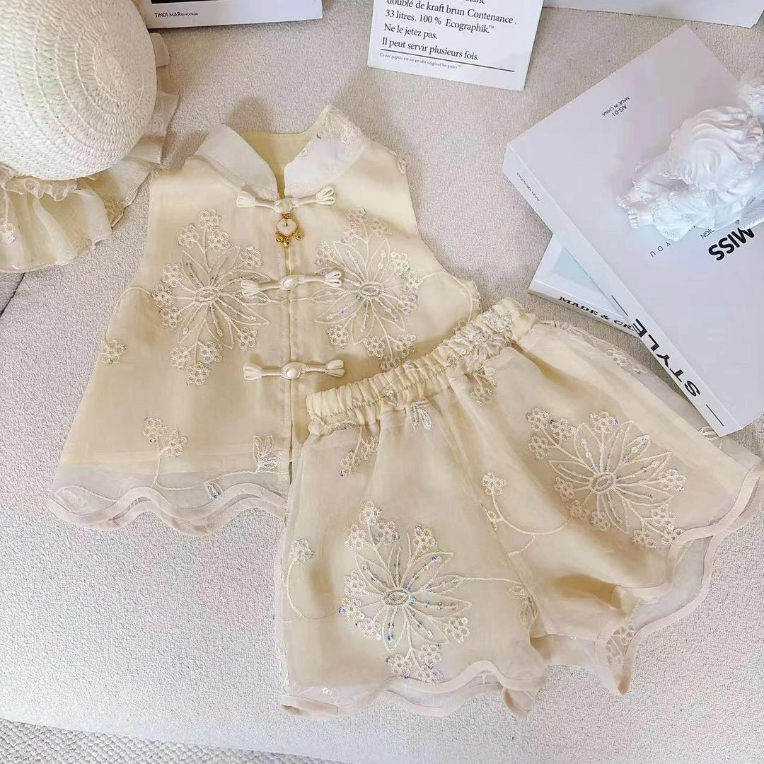 【陈思晨】送帽子 女童夏季新款套装新中式上衣刺绣短裤两件套