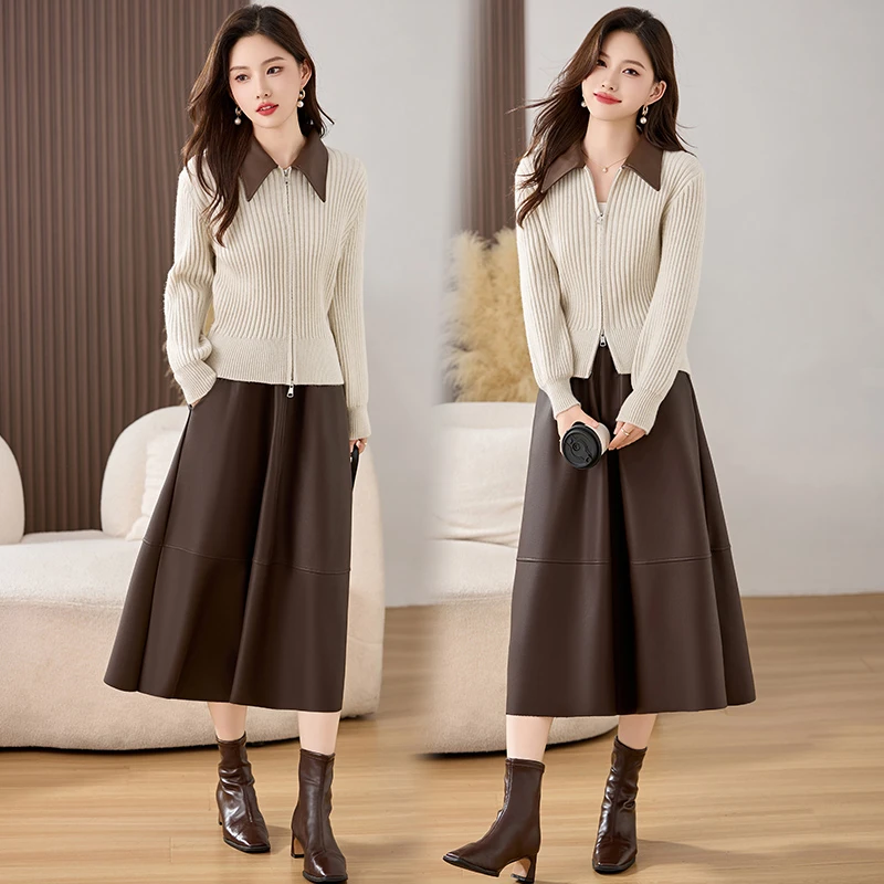 2025年冬季秋装新款两件套针织皮裙温暖休闲风套装裙子