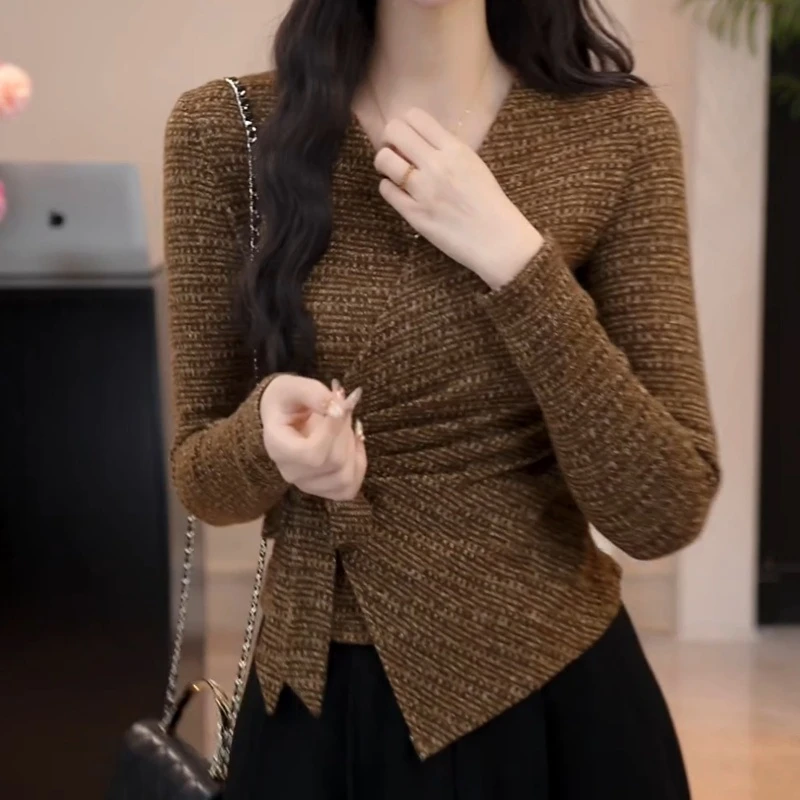 【长风和煦】千金风蝴蝶结绑带交叉V领T恤女秋季LK2507530