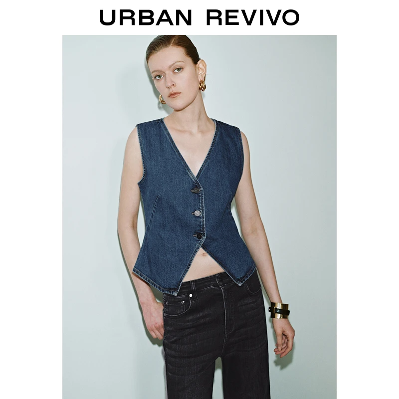 UR2025春季新品女装欧若风复古氛围感开衩V领牛仔外套UWG850050