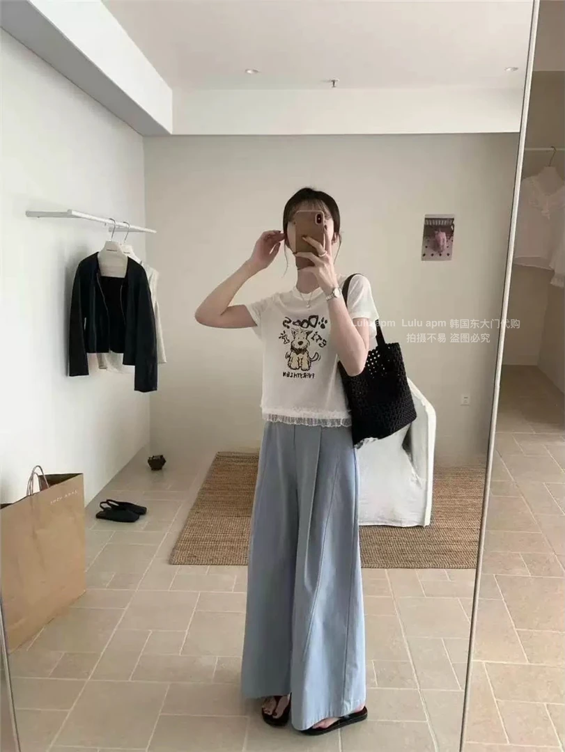 루루가−（陨石冰川）韩国东大门可爱狗狗短袖T恤甜美花边拼接圆领上衣