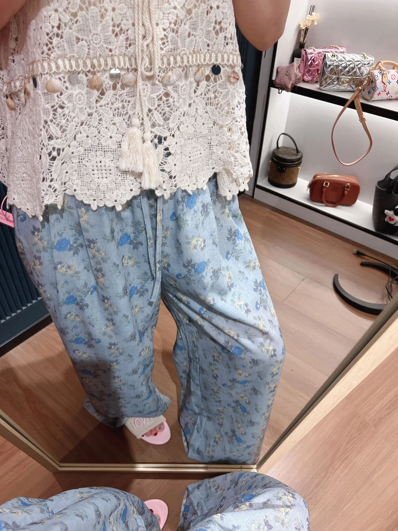 xxxwxz王希之  蓝色/休闲百搭印花碎花气质棉麻阔腿长裤#z2074