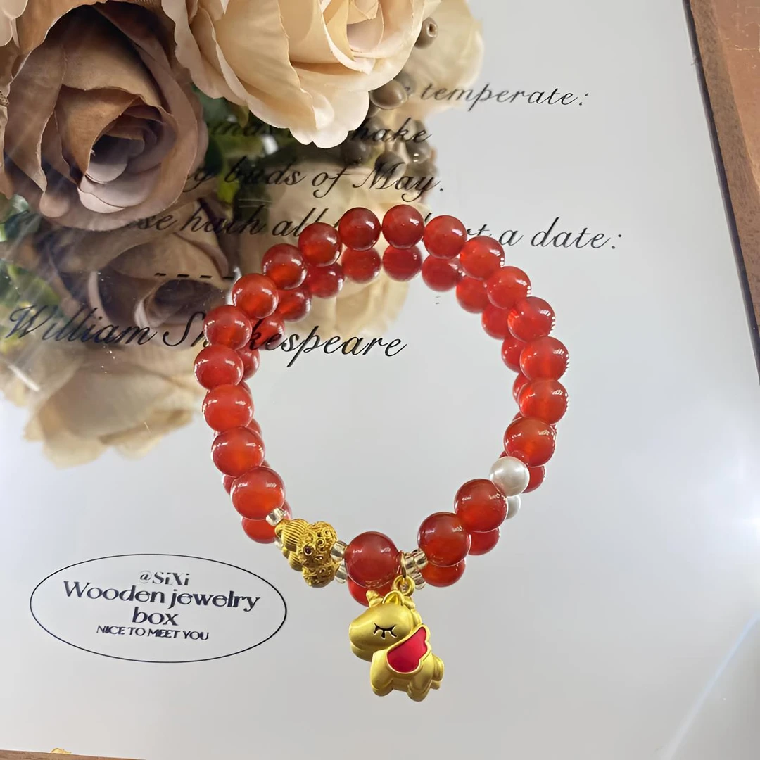 天然红玛瑙配小马吊坠新年马年简约百搭手串-716