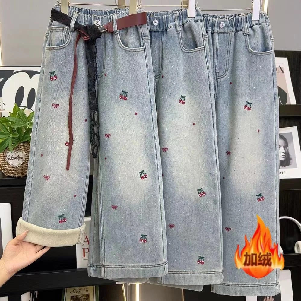 【加绒加厚现货】女童加绒秋冬款2025新款牛仔阔腿裤直筒长裤11061