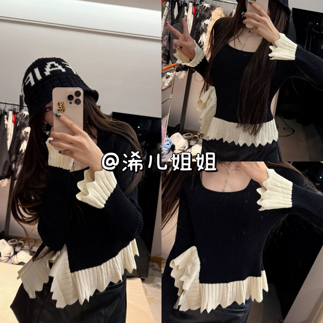 （浠儿姐姐）方领毛衣打底衫内搭秋冬法式锁骨喇叭袖慵懒风针织上衣