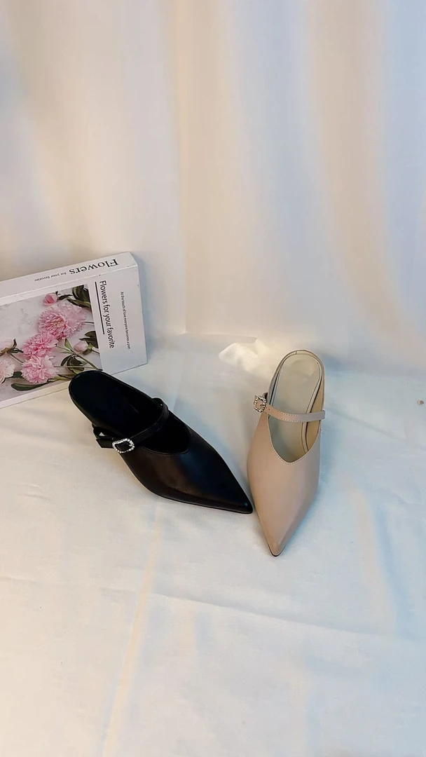 【素雅】5CM/夏季法式小众设计简约名媛气质尖头浅口玛丽珍时尚拖鞋