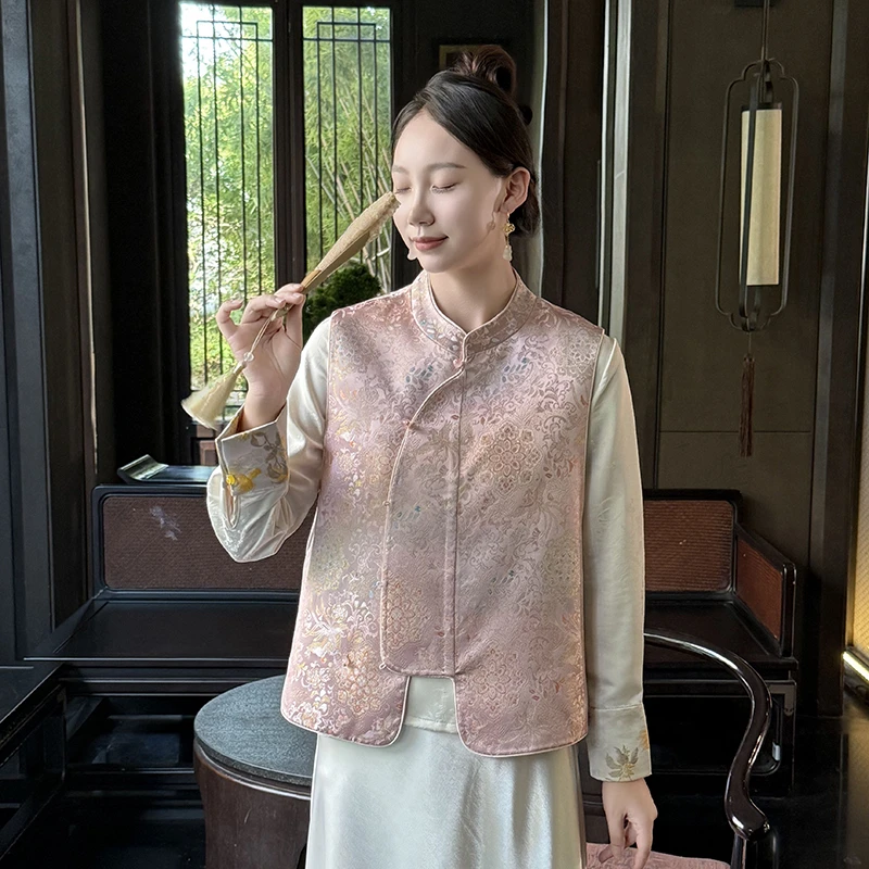 秋季新中式复古中国风宽松型马夹工字型气质提花法式女马甲