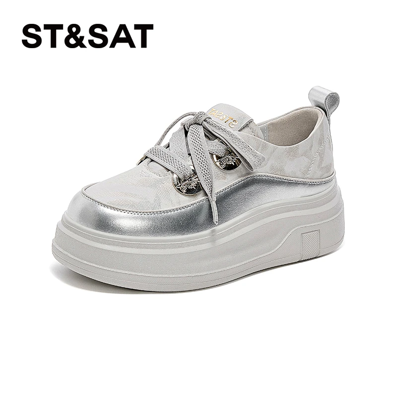 星期六舒适不累脚休闲鞋2025秋季新款时尚百搭松女款厚底松糕皮鞋