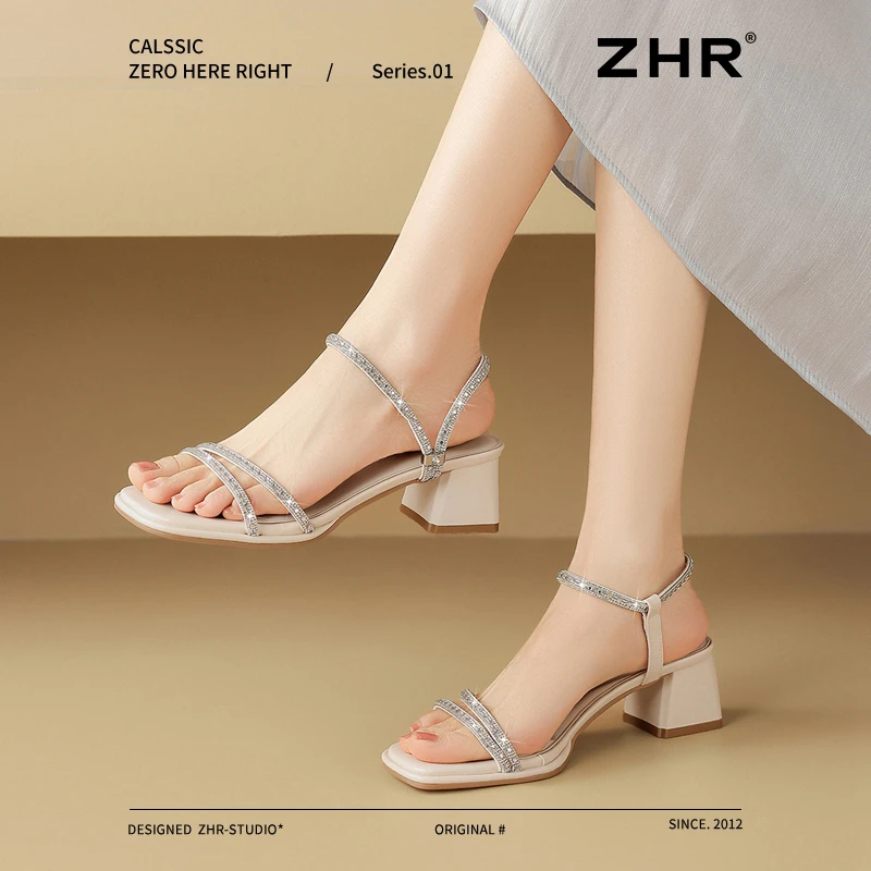 ZHR水钻凉鞋女外穿夏新款仙女风粗跟凉鞋厚底一字带高跟鞋休闲风