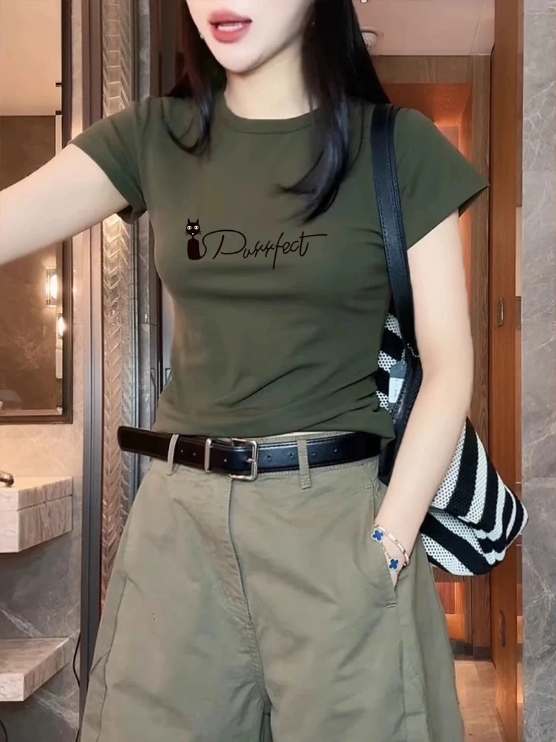 2025新款复古军绿色正肩短袖t恤女夏季圆领体恤韩系修身显瘦上衣