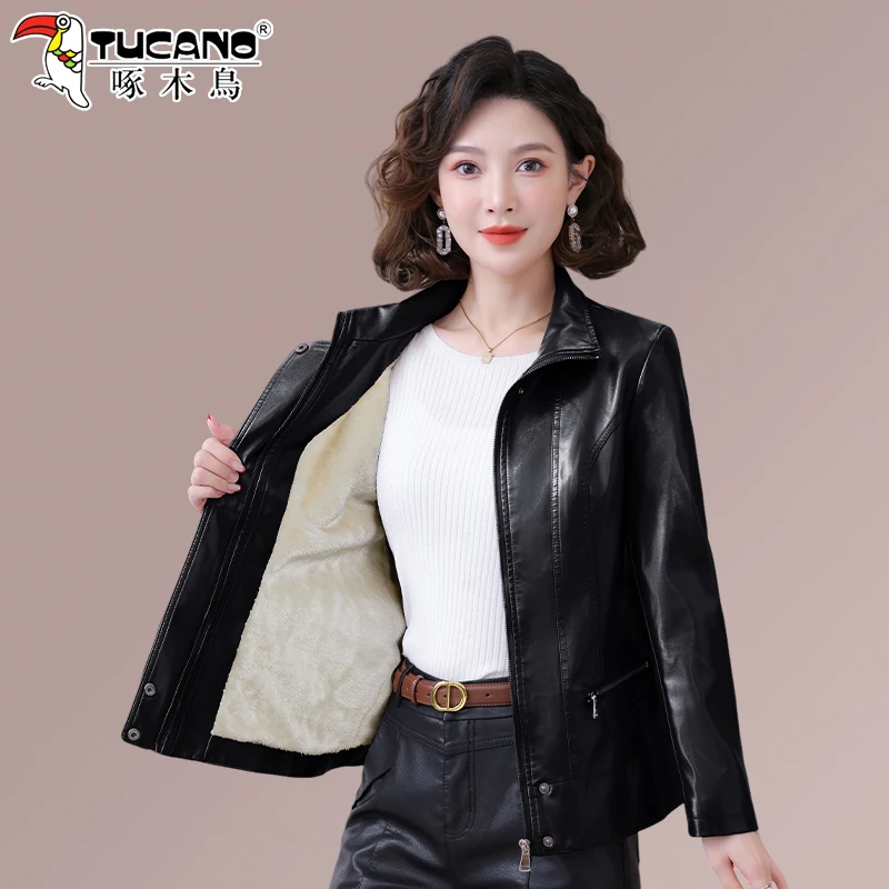 啄木鸟加绒黑色皮衣女款2026新款冬季洋气女士翻领短款外套上衣