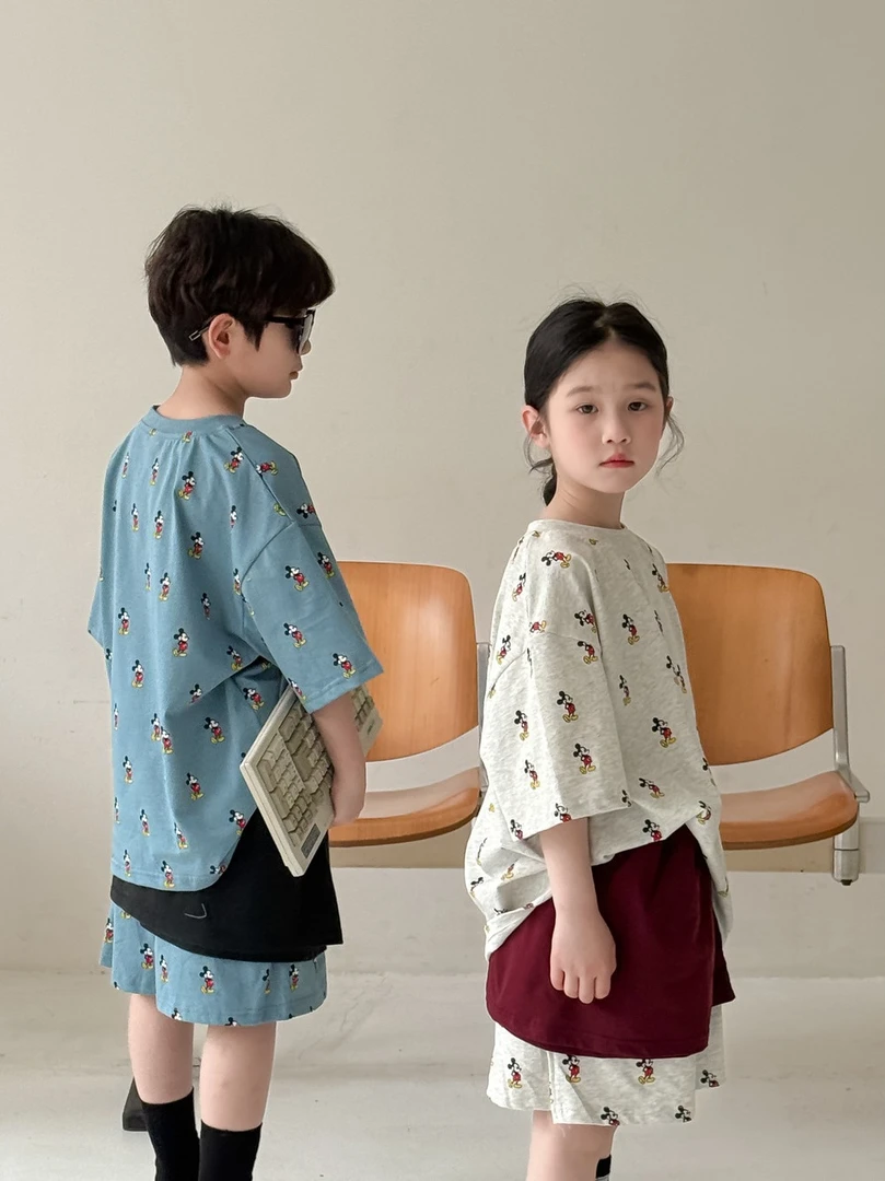 童套装2025夏季男童女童韩版满版印花卡通套装儿童短袖短裤两件套