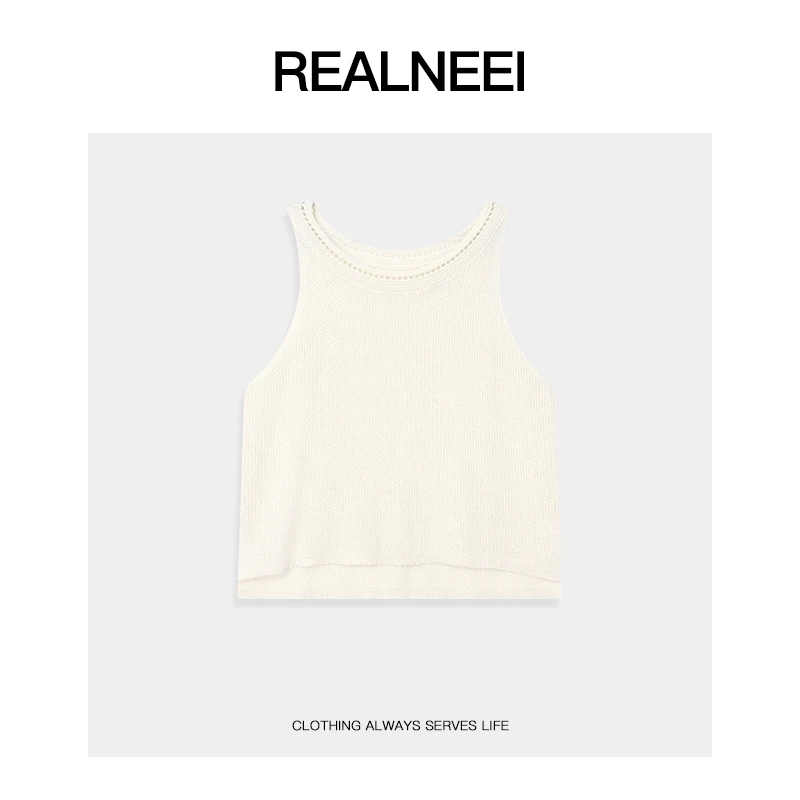 REALNEEI【夏日前奏】极简棉麻粗坑条螺纹设计领口针织背心21386