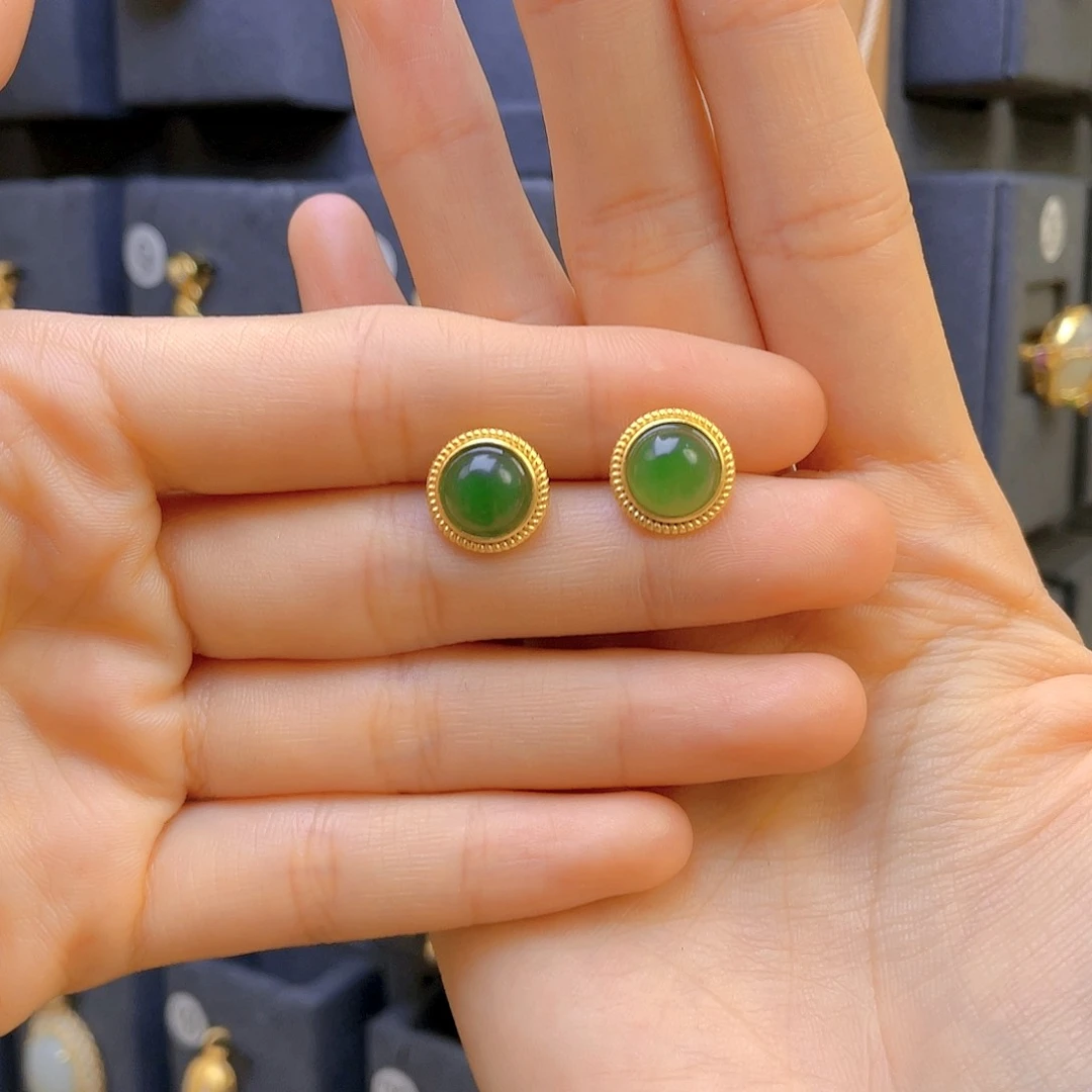 和田玉耳饰银S925镀金镶嵌