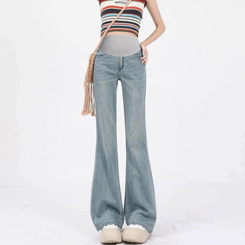 孕妇裤子夏季薄款外穿不勒肚牛仔裤夏天2025新款小个子打底喇叭裤