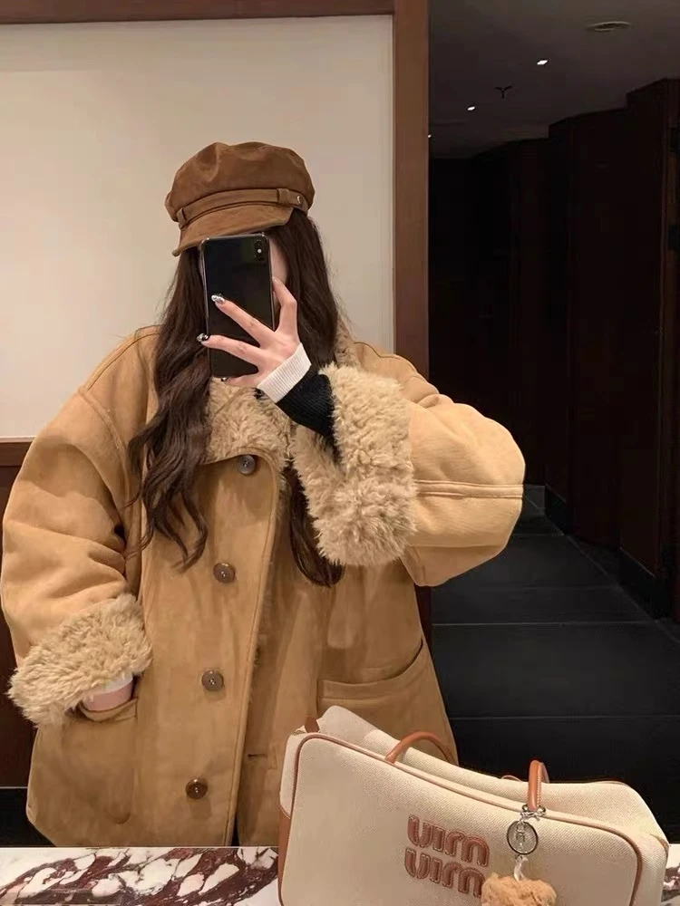 两穿皮毛一体羊羔毛机车服秋冬宽松加厚毛茸茸外套高级感保暖大衣