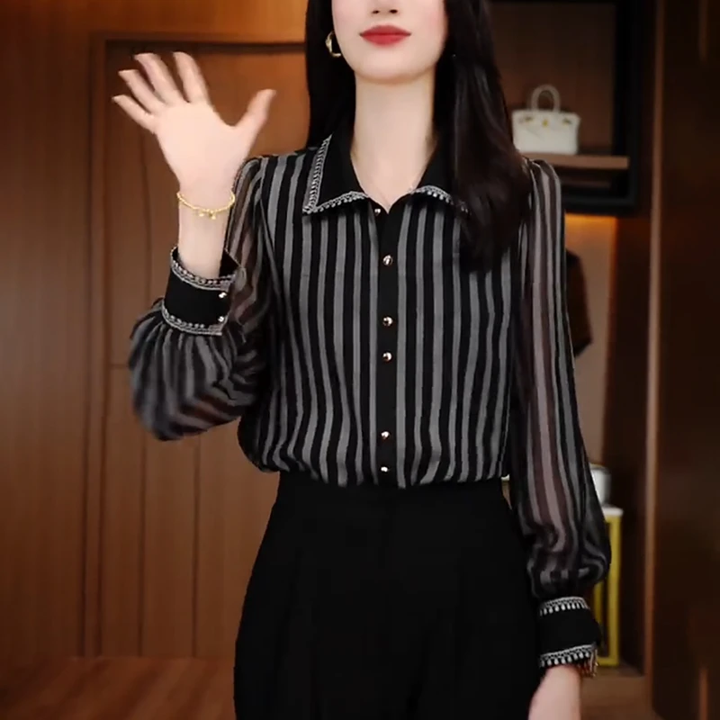 黑色条纹气质长袖衬衫女2025秋季新款洋气减龄宽松显瘦设计感上衣