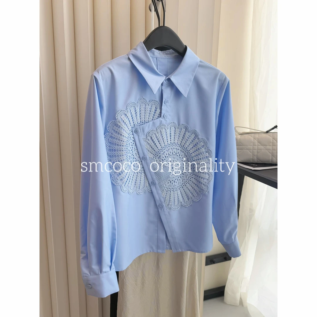 【重磅新款】太阳花钩花不规则清新显瘦休闲V领百搭衬衫ZG0228