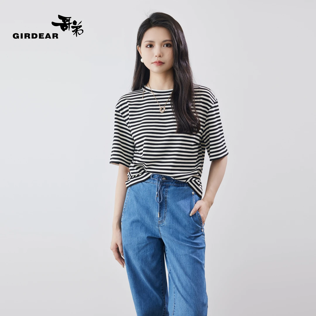 GIRDEAR/哥弟复古时尚显瘦百搭经典休闲圆领条纹短款T恤1300790--