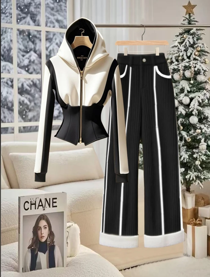 2025新款春季独特超好看气质连帽衫设计感小香风黑白撞色卫衣套装