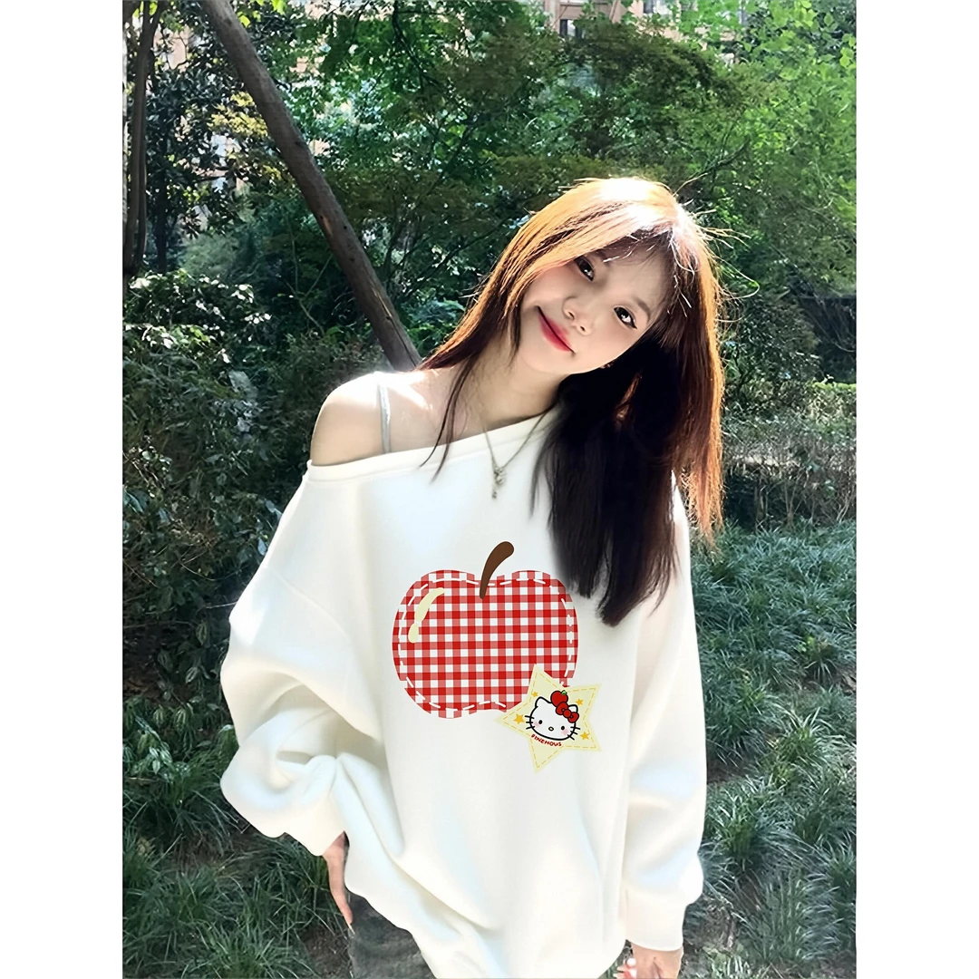 甜美苹果kitty猫印花白色斜肩卫衣女加绒百搭宽松中长款纯棉上衣