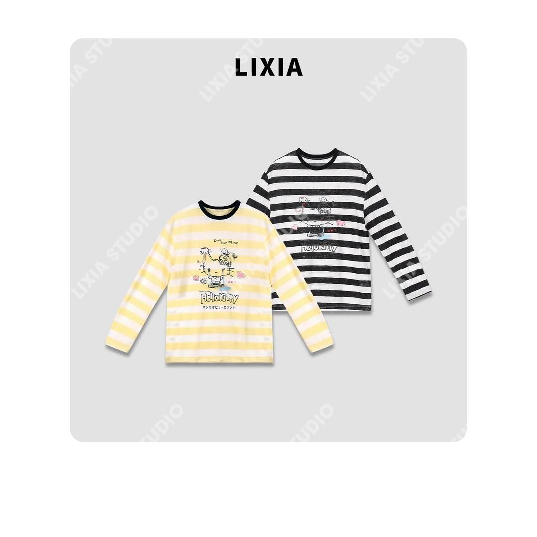 LIXIA【可爱凯蒂】春季潮流条纹拼接可爱小猫印花长袖薄款T恤-D8176