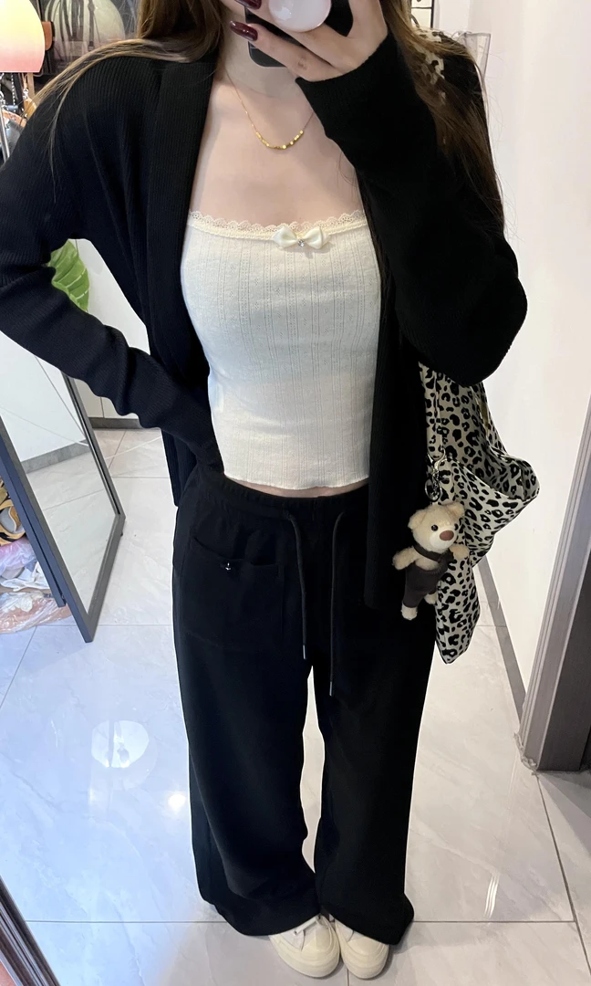【酷爱】2025秋季新款韩系慵懒风黑色针织开衫设计感阔腿裤三件套