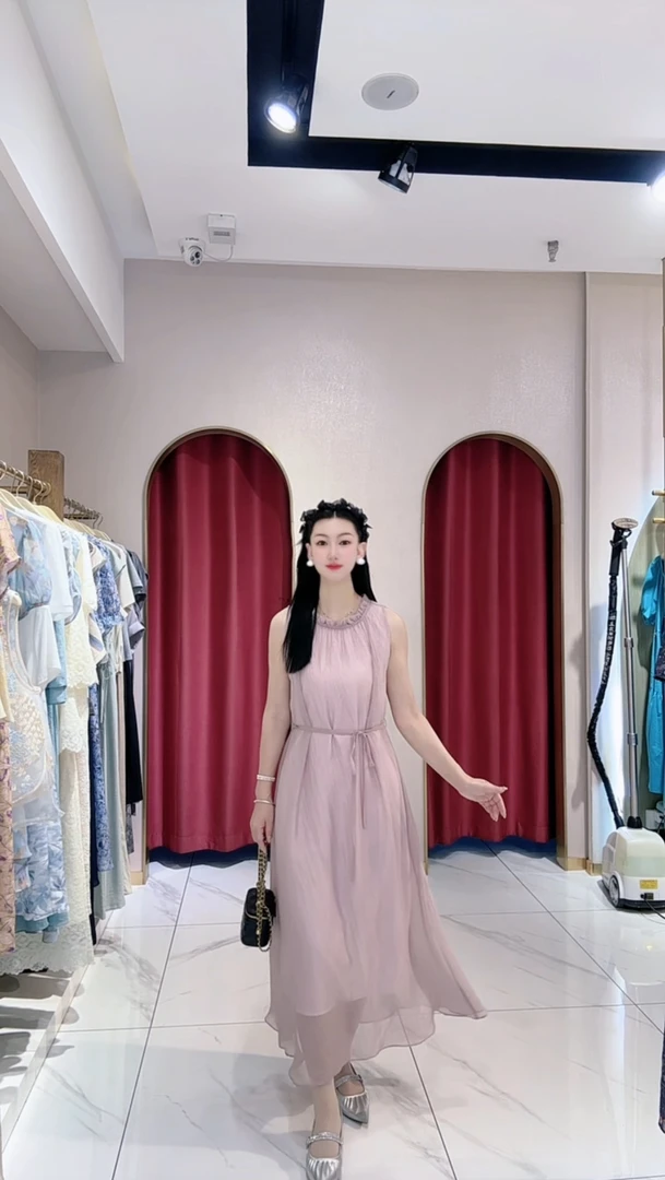 夏季新款浅粉无袖休闲韩版时尚连衣裙优雅收腰显瘦气质沙滩长裙