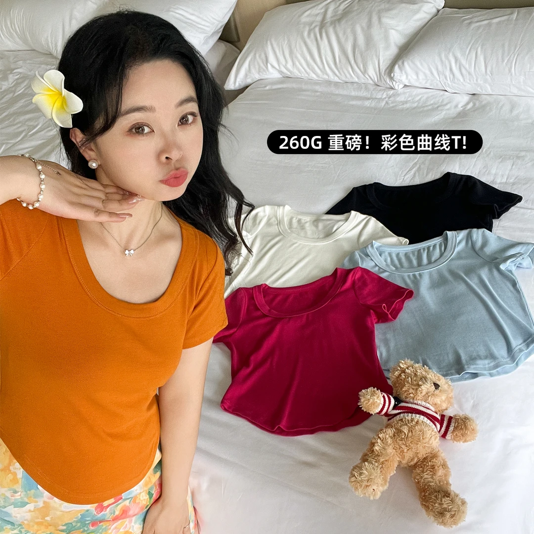 大码百分百纯色T恤女短款时尚百搭显瘦多色U领夏季短袖女装0750