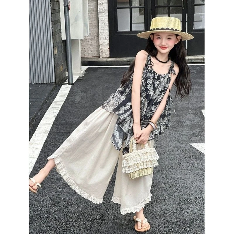 女童夏装套装2025新款女大童夏装韩系吊带上衣儿童度假休闲阔腿裤