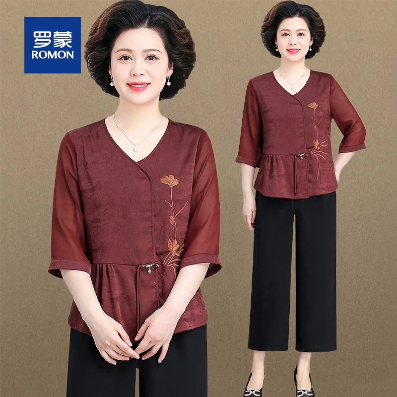 罗蒙新中式妈妈夏装套装国风七分袖小衫2025新款中老年女短袖上衣