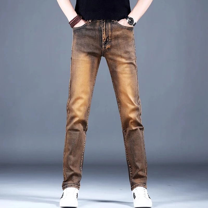【MR.25】2025秋冬款潮牌高端男款个性古铜棕色合体修身直筒牛仔裤