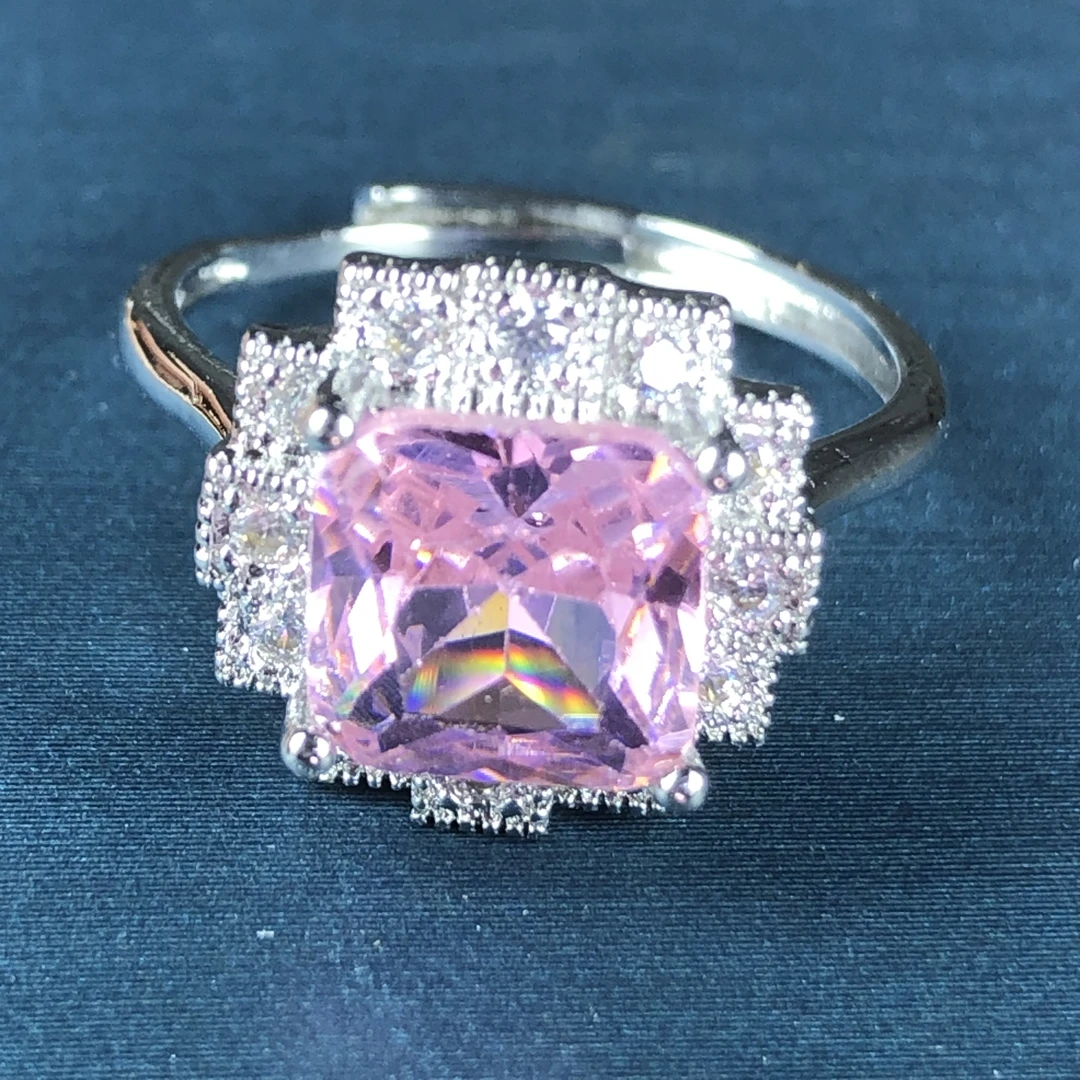 1124粉色钻戒指银色培育托开口可调节精选气质款