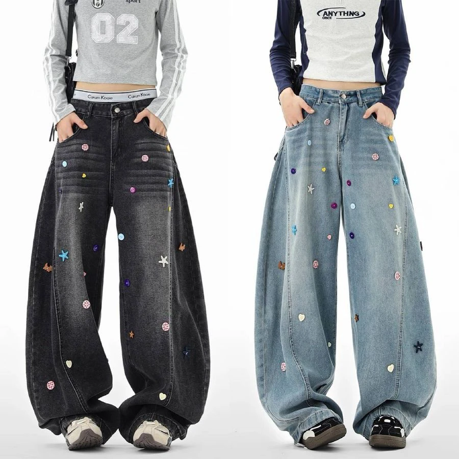 美式复古彩色纽扣弯刀牛仔裤男女秋季bf街头阔腿裤宽松休闲拖地裤