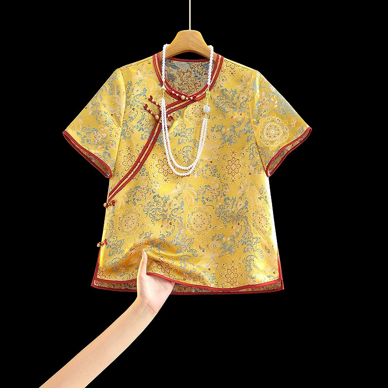 深圳新款新中式国风新宋锦桑蚕丝百搭通勤气质名媛上衣网红休闲装