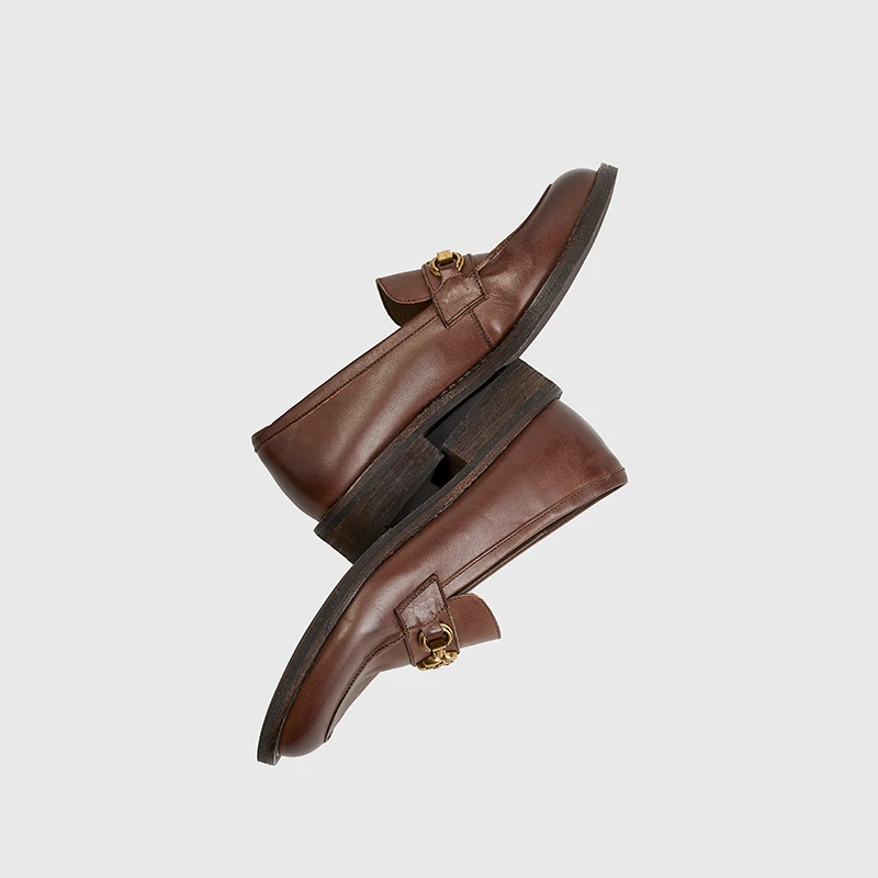 复古英伦风棕色金属扣乐福鞋2025年春季新款粗跟深口小皮鞋女单鞋