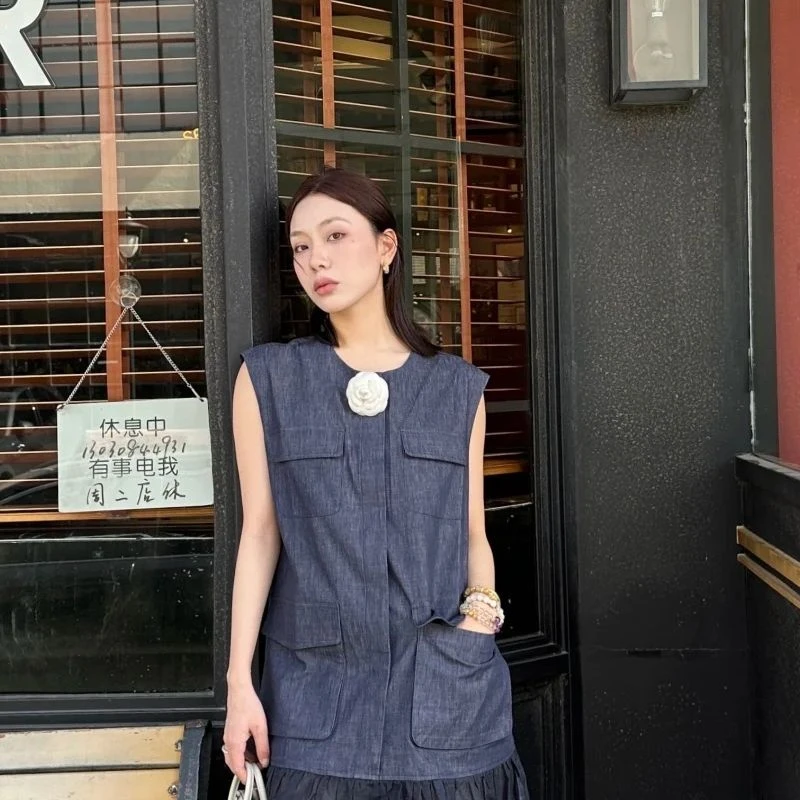 杰瑞【花影轻舞】棉亚麻原色牛仔拼接鱼尾连衣裙休闲宽松裙子女夏季