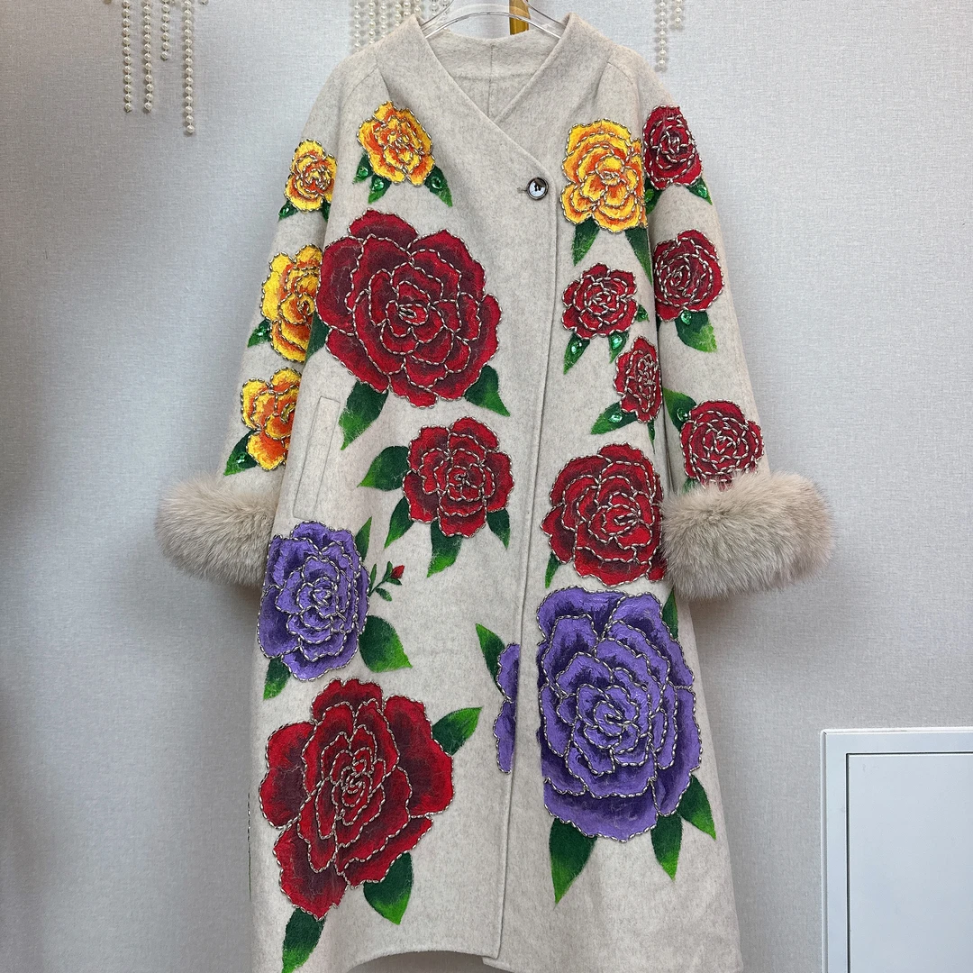 RR1904锐宝潮牌欧美风设计师重工亮片手绘花朵轻奢气质大衣外套