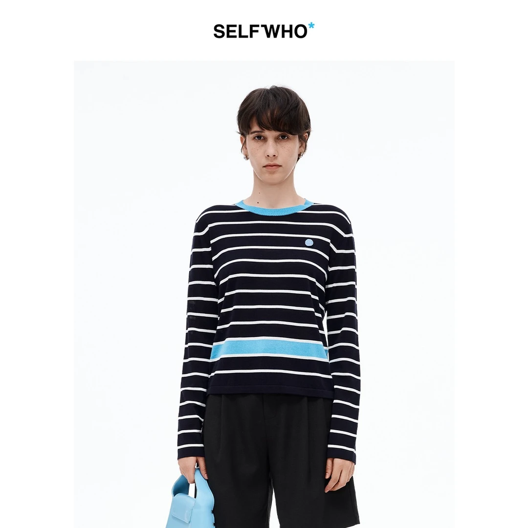 SELFWHO醋酸棉混纺撞色条纹针织长袖t恤女2025夏新款圆领宽松上衣