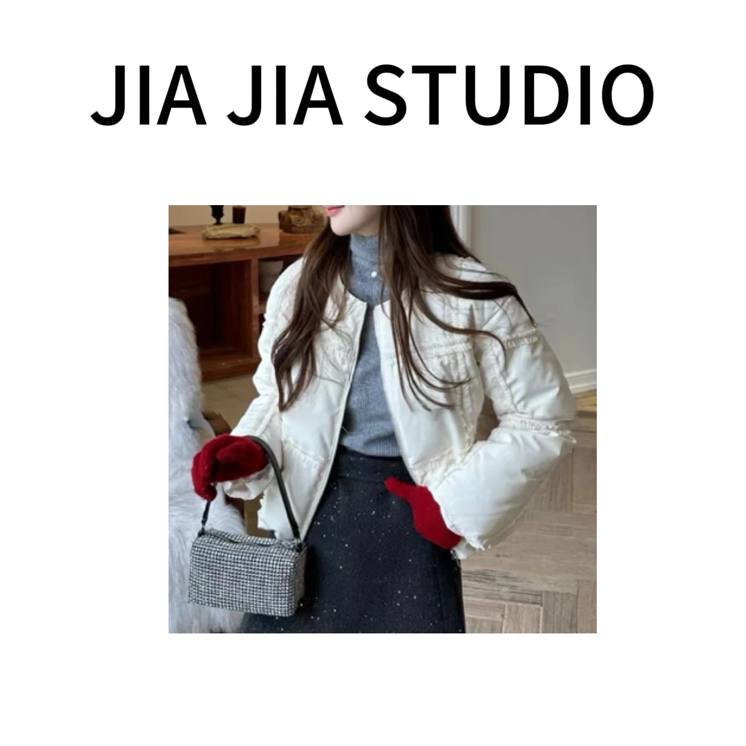 嘉嘉推荐#B28【秋冬加棉加厚款】圆领花边抽绳棉服