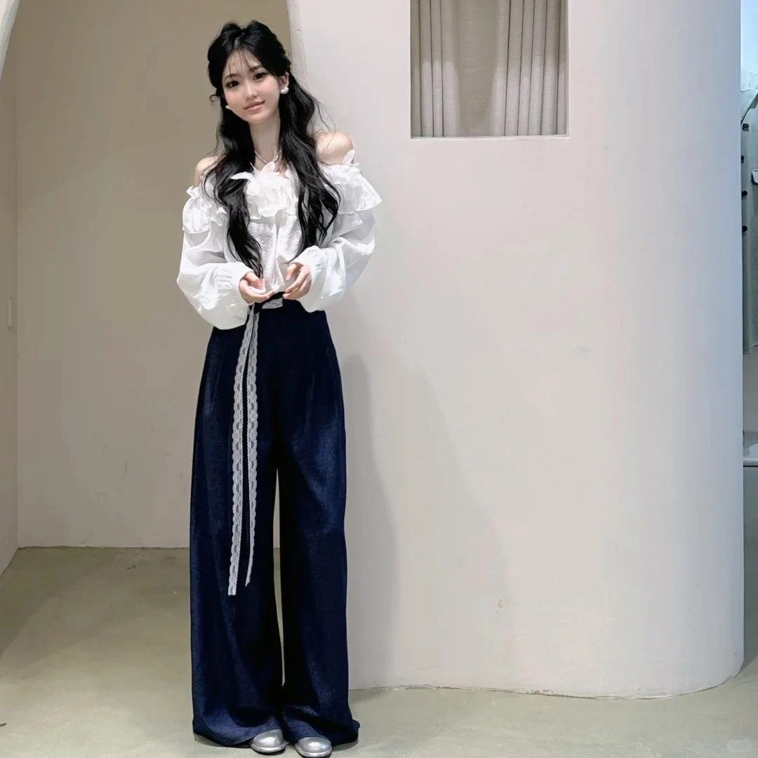 2025秋季新款法式度假风花瓣一字领衬衫小衫女时尚显腿长阔腿裤