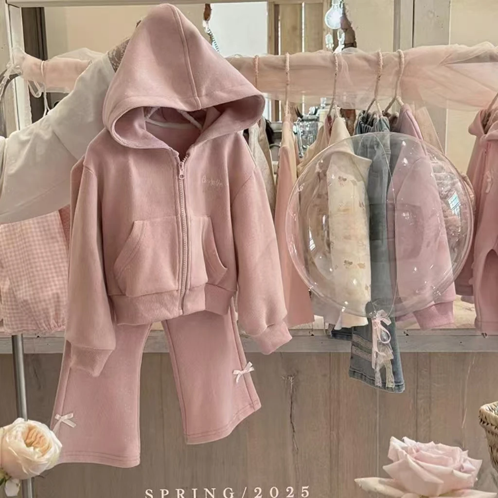 52179女童韩版春季套装2025新款宝宝洋气休闲连帽外套长裤三件套