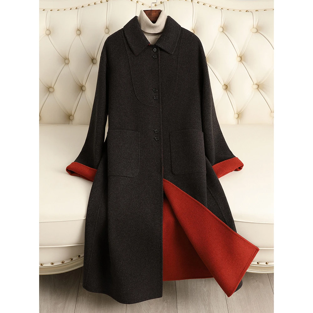 DUCURNO撞色毛呢外套女冬季2025年新款时尚气质宽松中长款呢大衣