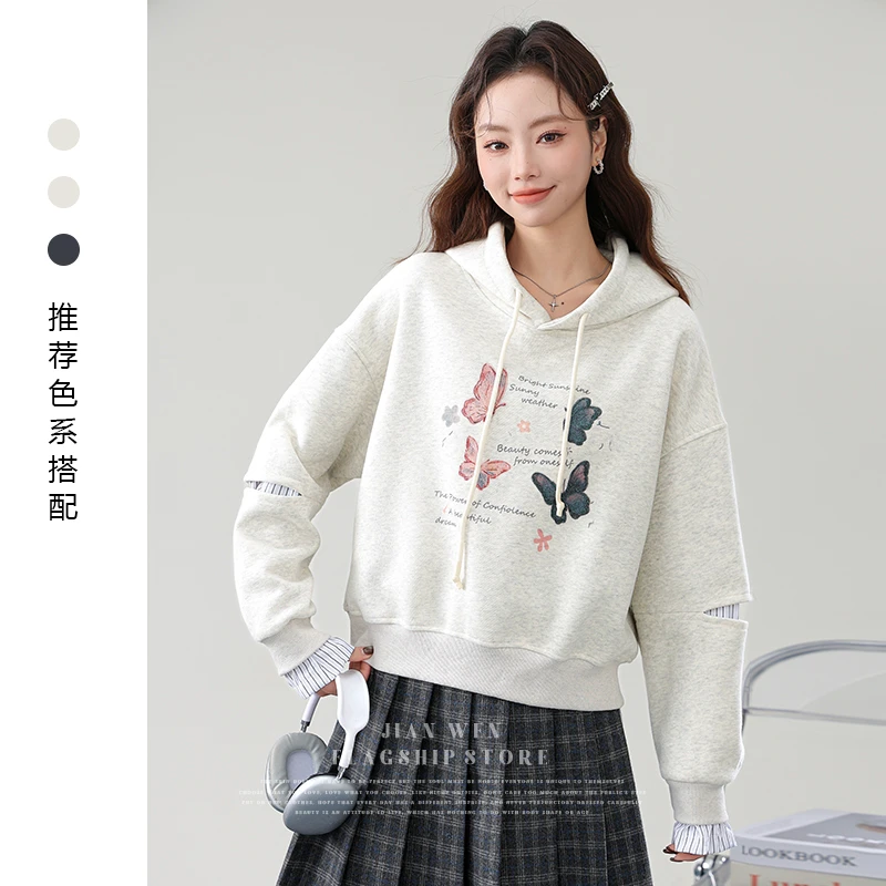 2025春秋新款蝴蝶印假两件连帽套头卫衣女花灰色宽松外套短款上衣