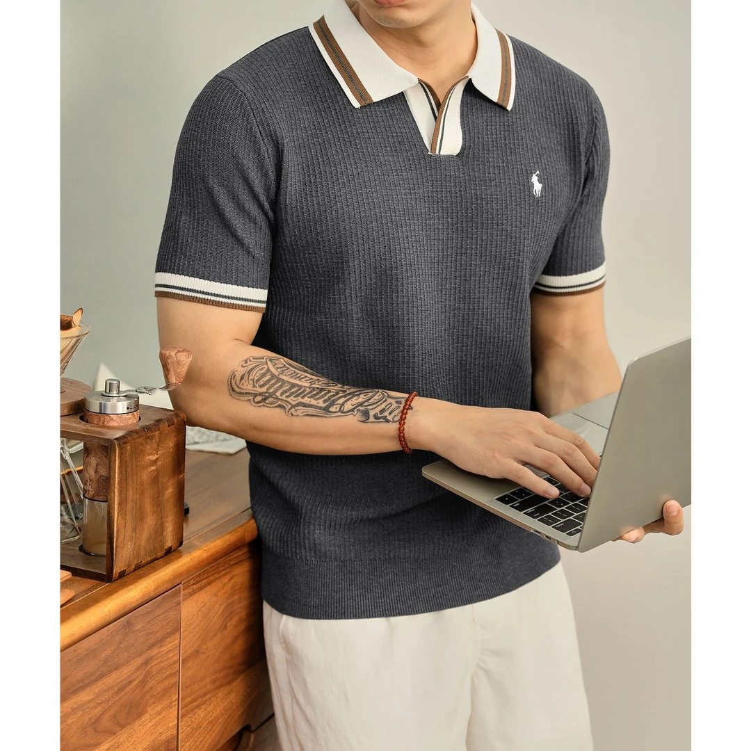 奥兰德保罗美式复古海鸥领针织Polo衫男夏竖条纹肌理骑士刺绣T恤