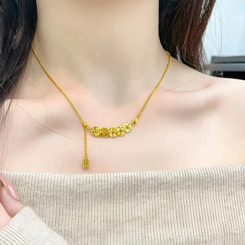 铜合金项链 新中式爆闪碎碎冰五帝钱项链女款精美气质百搭不掉色